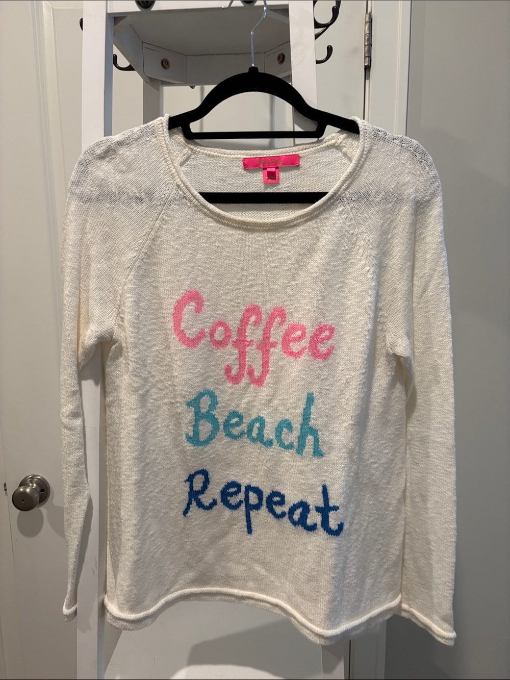 Lilly Pulitzer Cream Graphic Crewneck Sweater with Pink, Aqua & Blue Text